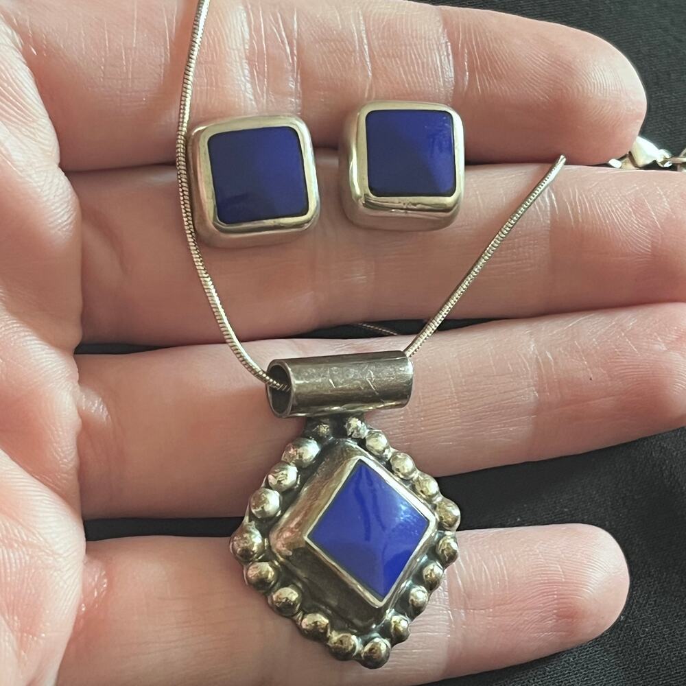 Vintage MEXICO 925 Sterling Silver Blue Lapis Stone Necklace and Earrings Signed